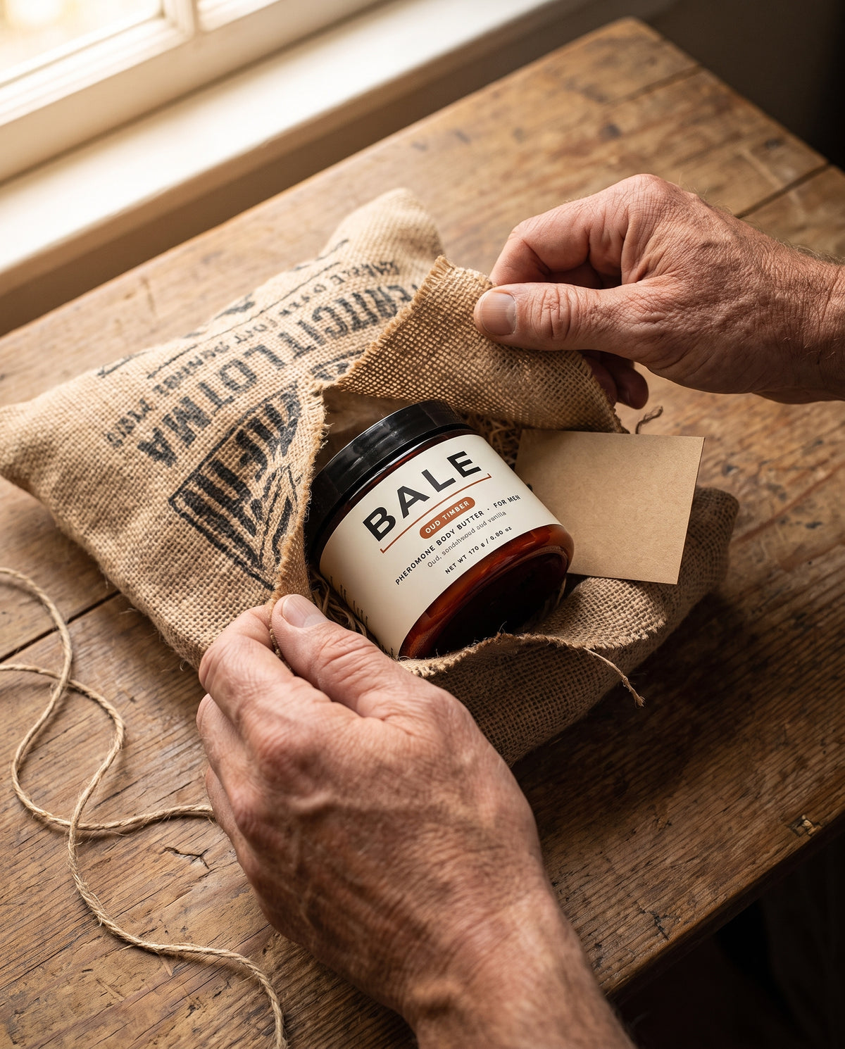 Hands folding back a coffee sack wrap to reveal an Oud Timber jar and origin card