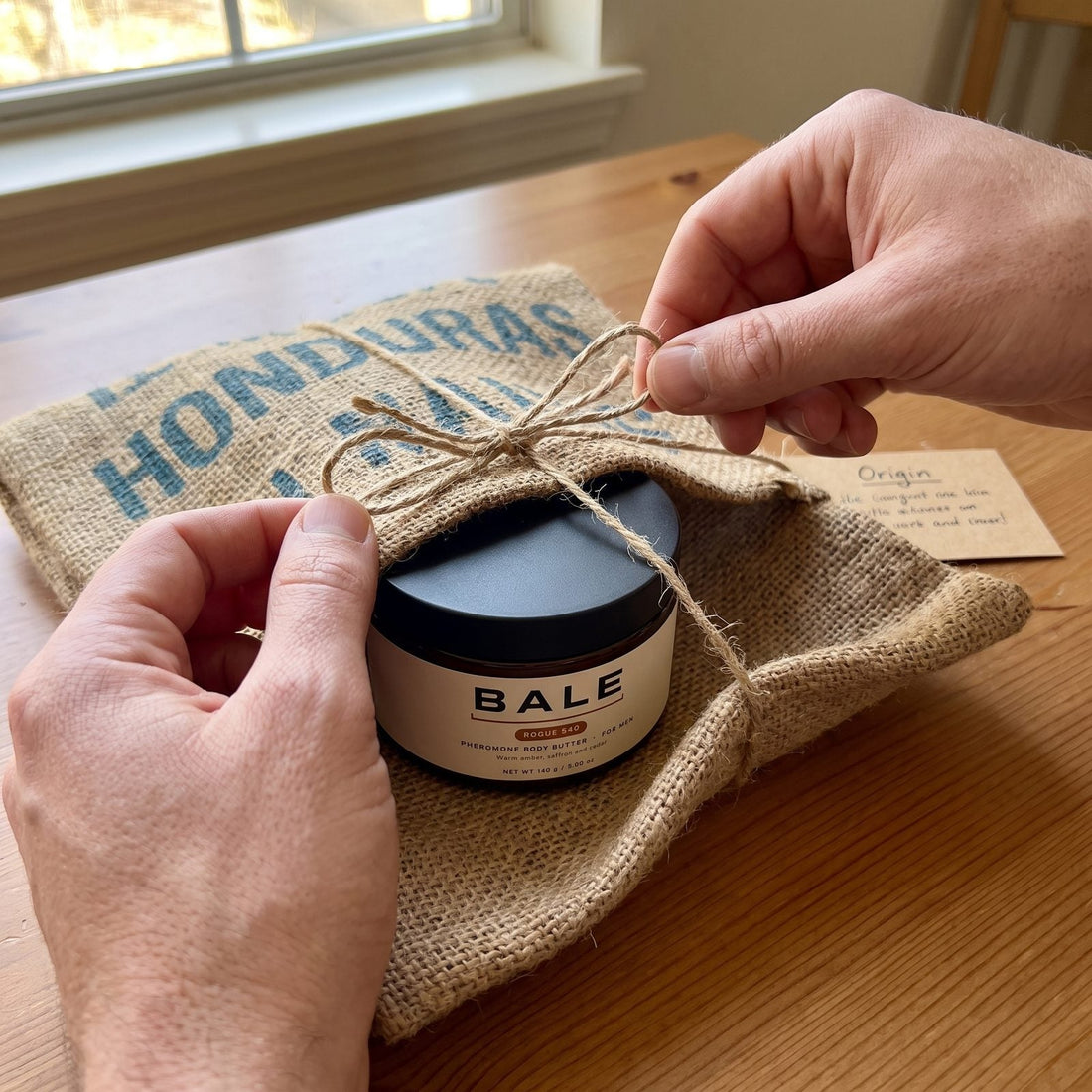 Hands untying the twine on a Bale order wrapped in a real coffee sack, a Rogue 540 jar inside