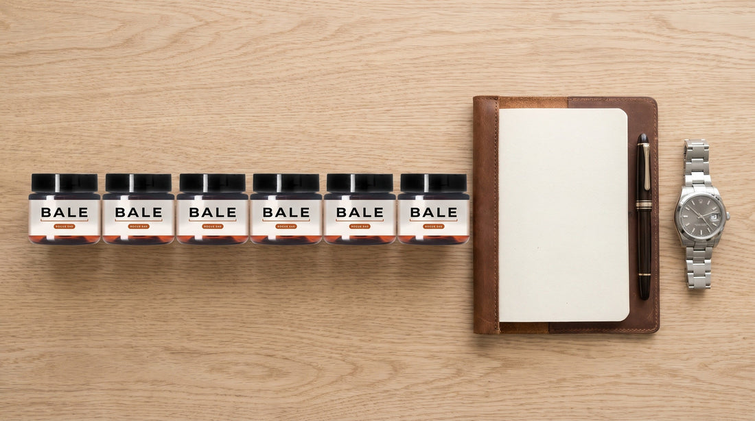 Six small Bale sample jars in a row on an oak desk beside a notebook, pen and watch