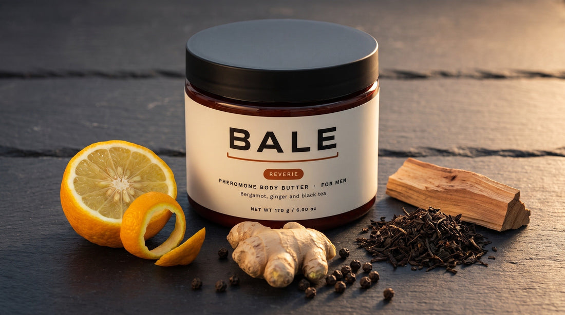 Bale Reverie jar on slate with bergamot, ginger, black tea leaves, peppercorns and cedar