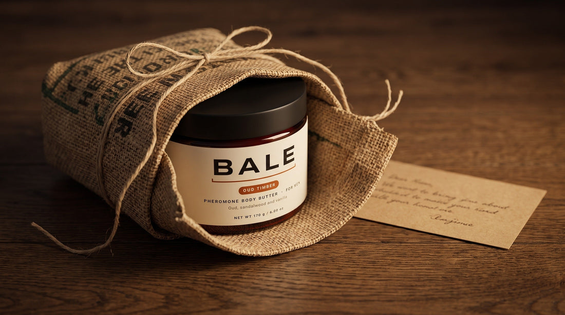A Bale Oud Timber jar half unwrapped from a coffee sack tied with twine, with a kraft origin card