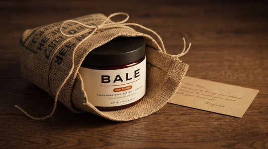 A Bale Oud Timber jar half unwrapped from a coffee sack tied with twine, with a kraft origin card
