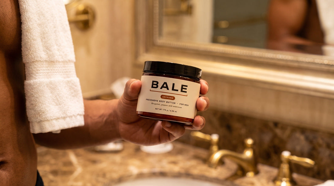 A man holding a Bale Savanna jar up in a hotel bathroom with brass fittings