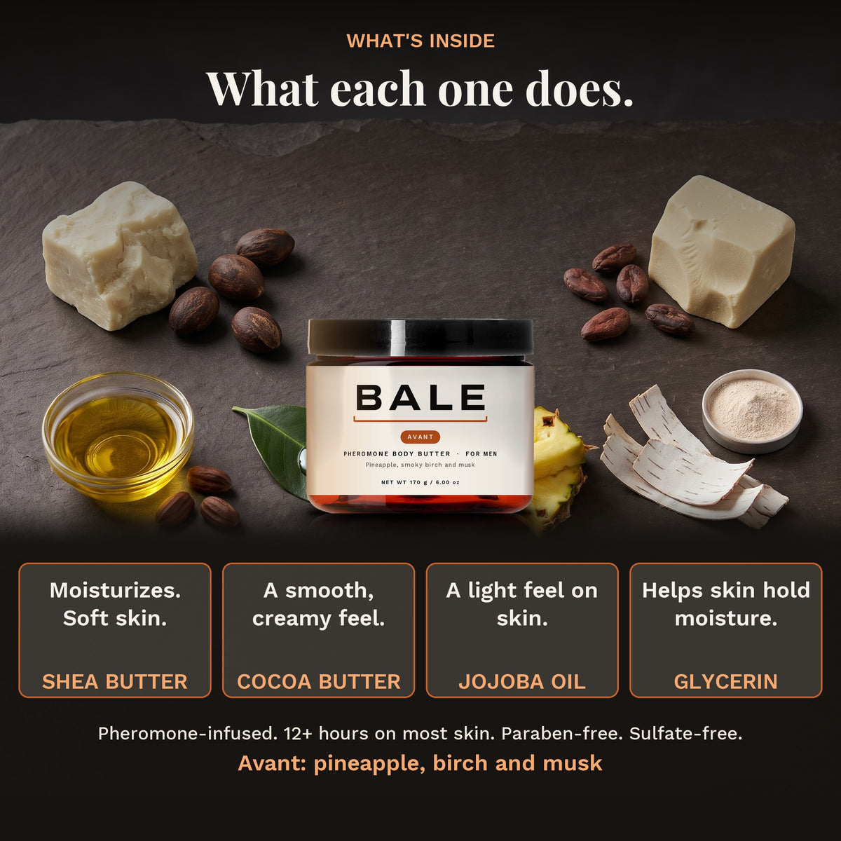 What's inside Avant: shea, cocoa butter, jojoba oil and glycerin, and what each one does