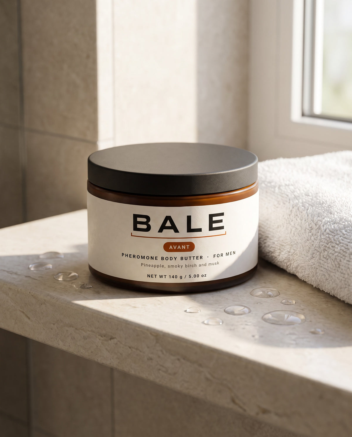 Bale Avant body butter on a stone bathroom shelf in morning light
