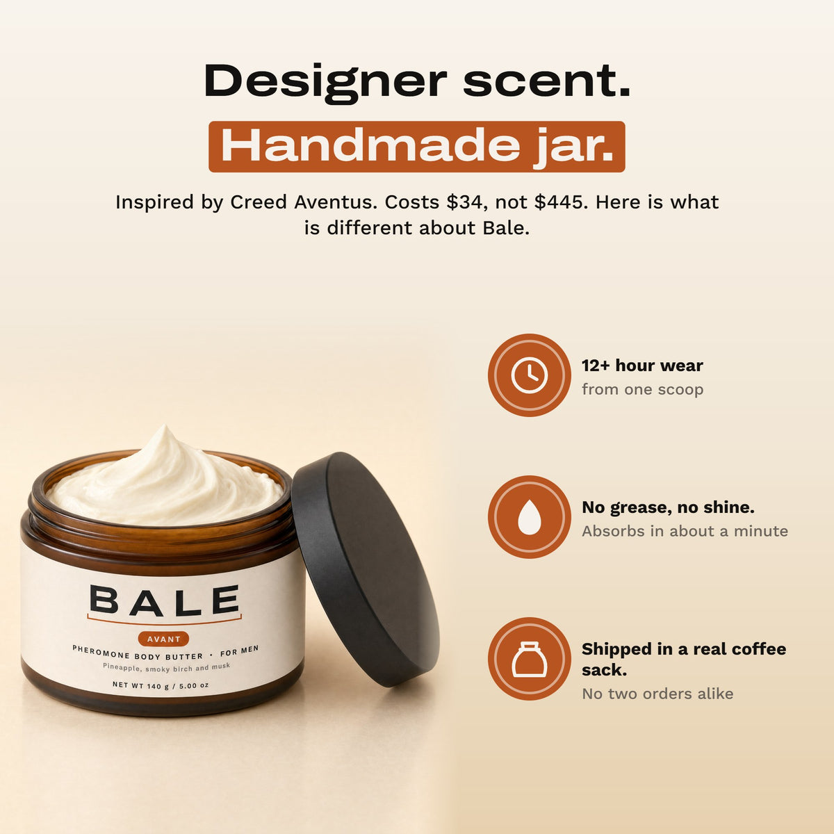Designer scent, handmade jar: 12+ hour wear, no grease, shipped in a real coffee sack