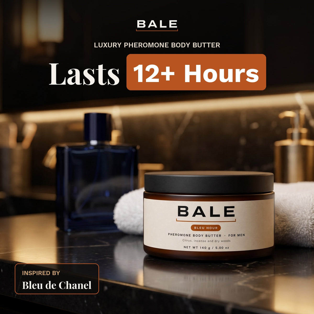 Bleu Hour luxury pheromone body butter, inspired by Bleu de Chanel, lasts 12+ hours