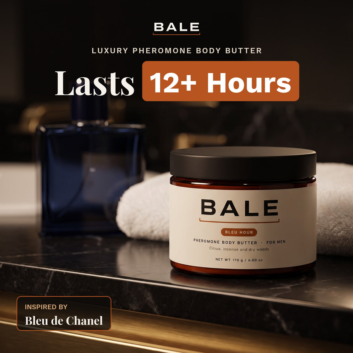 Bleu Hour luxury pheromone body butter, inspired by Bleu de Chanel, lasts 12+ hours