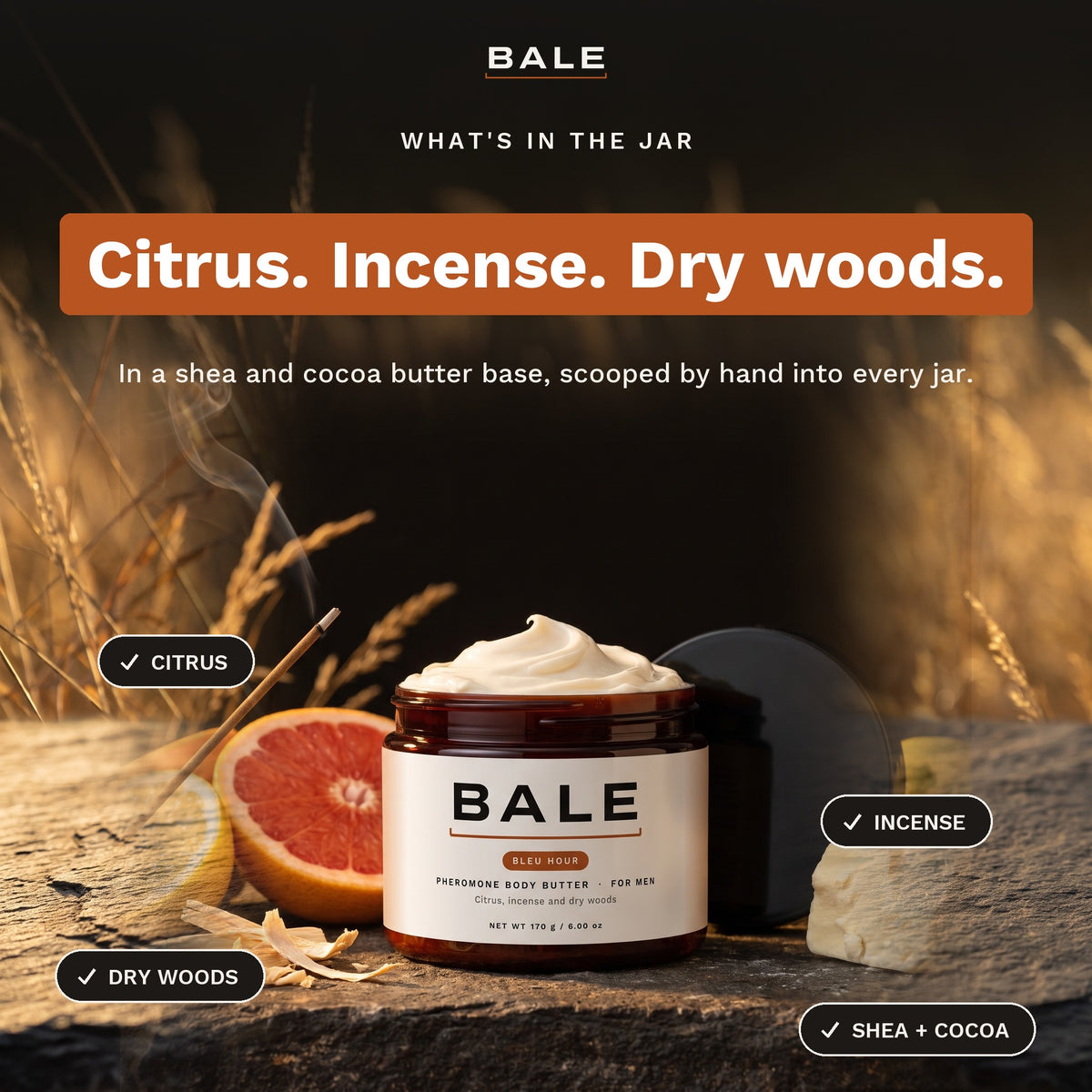 What's in the jar: Citrus. Incense. Dry woods.