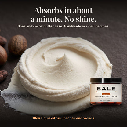 Bleu Hour shea and cocoa butter base: absorbs in about a minute, no shine