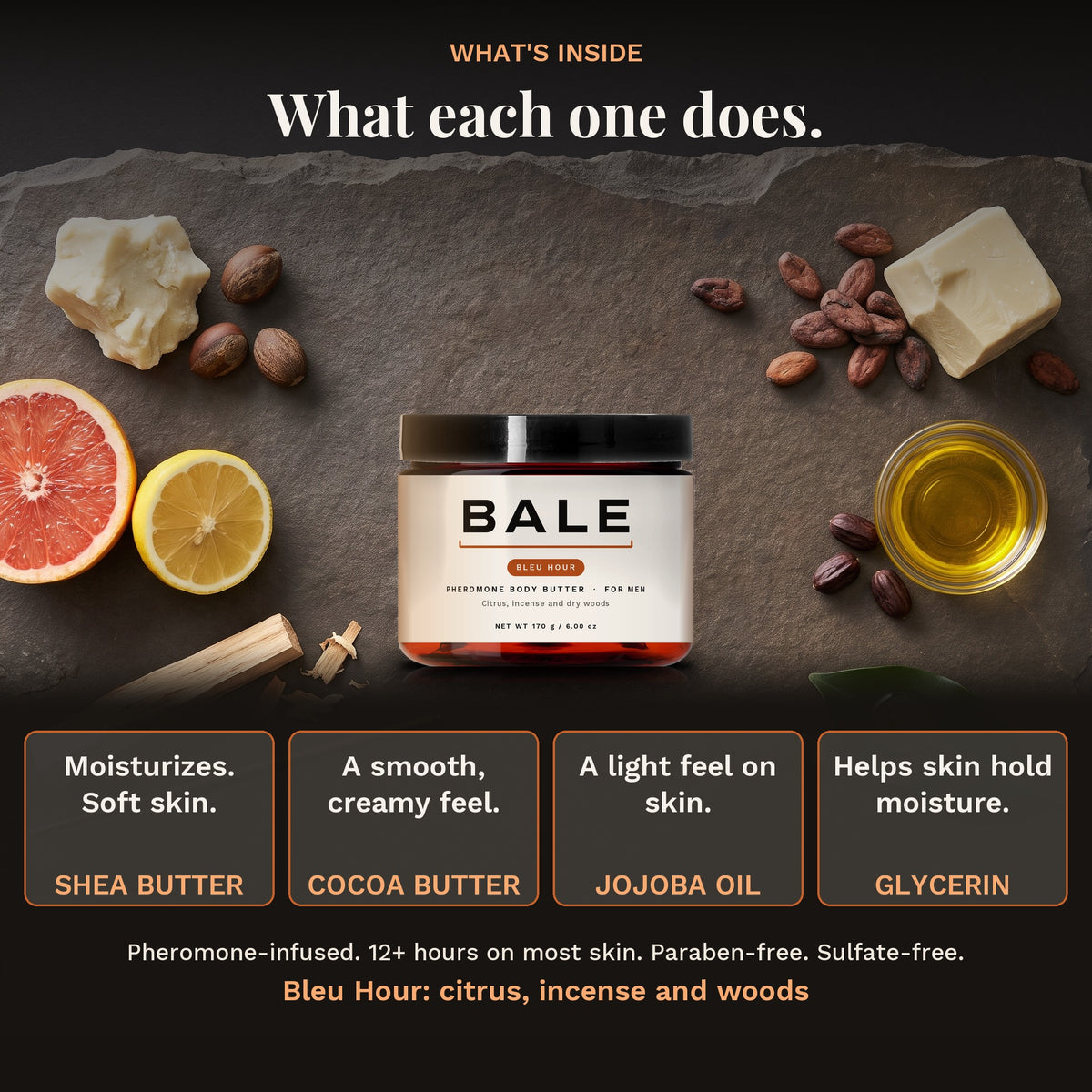 What's inside Bleu Hour: shea, cocoa butter, jojoba oil and glycerin, and what each one does