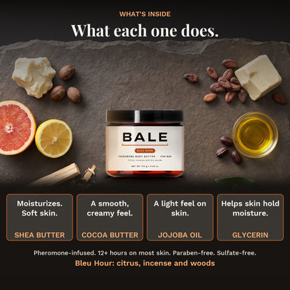 What's inside Bleu Hour: shea, cocoa butter, jojoba oil and glycerin, and what each one does