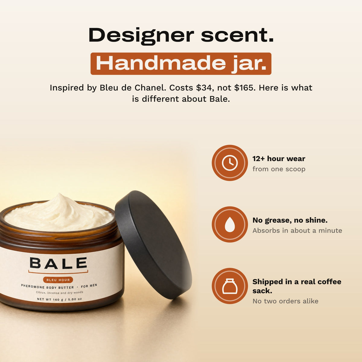 Designer scent, handmade jar: 12+ hour wear, no grease, shipped in a real coffee sack