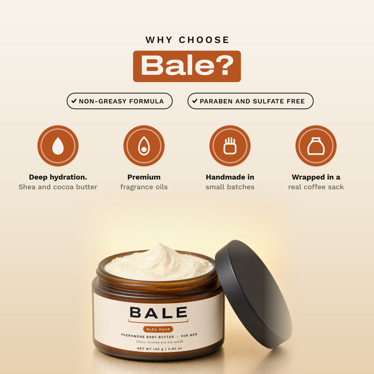 Why choose Bale: paraben and sulfate free, handmade in small batches