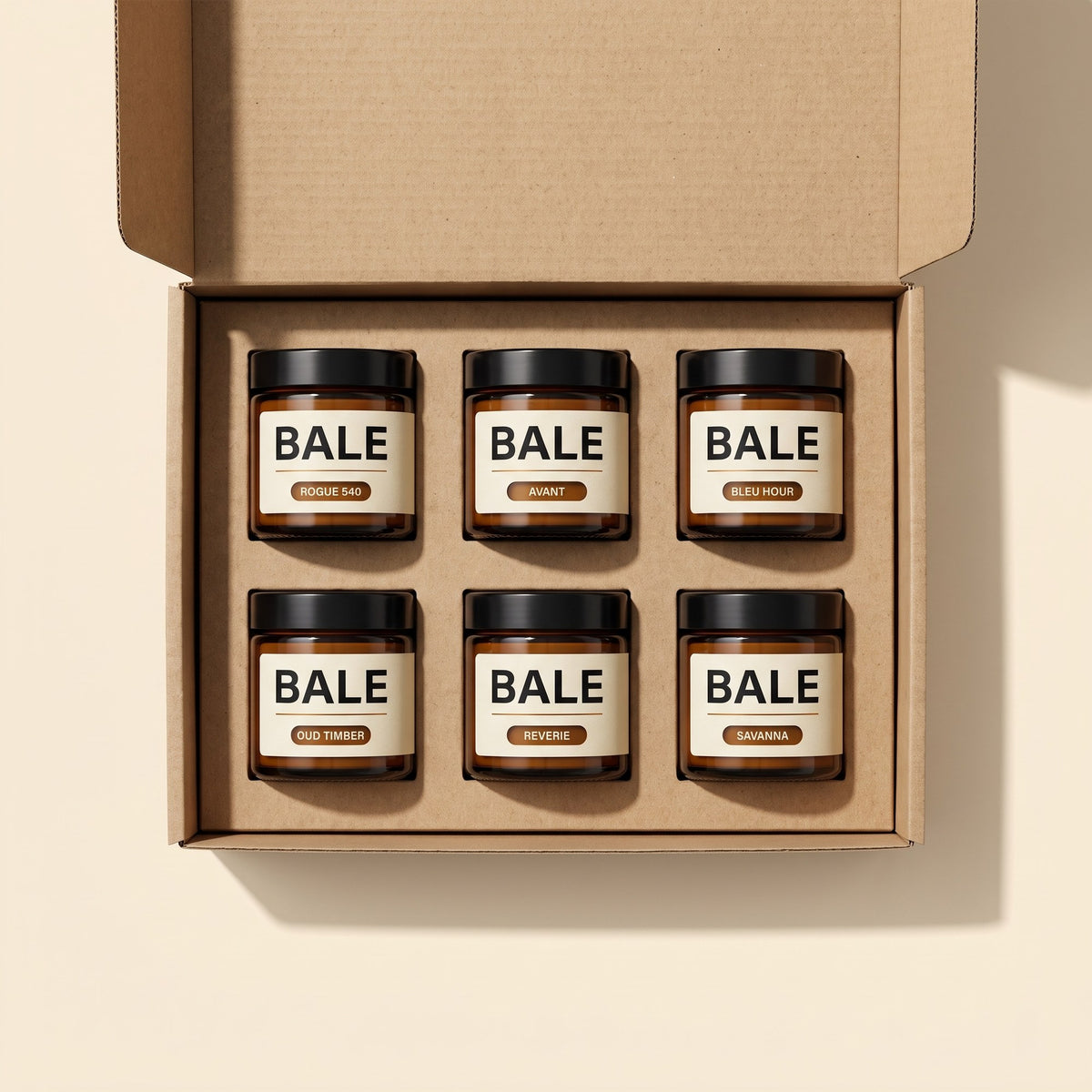 Six Bale minis, one of each scent, in an open kraft box