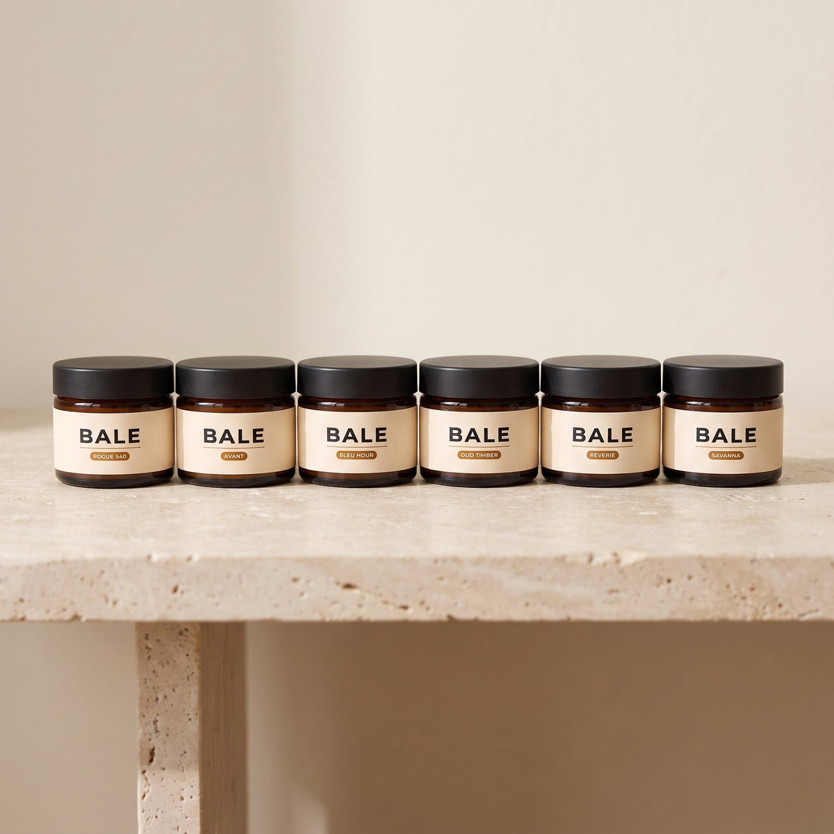 The six Bale minis in a row: Rogue 540, Avant, Bleu Hour, Oud Timber, Reverie and Savanna