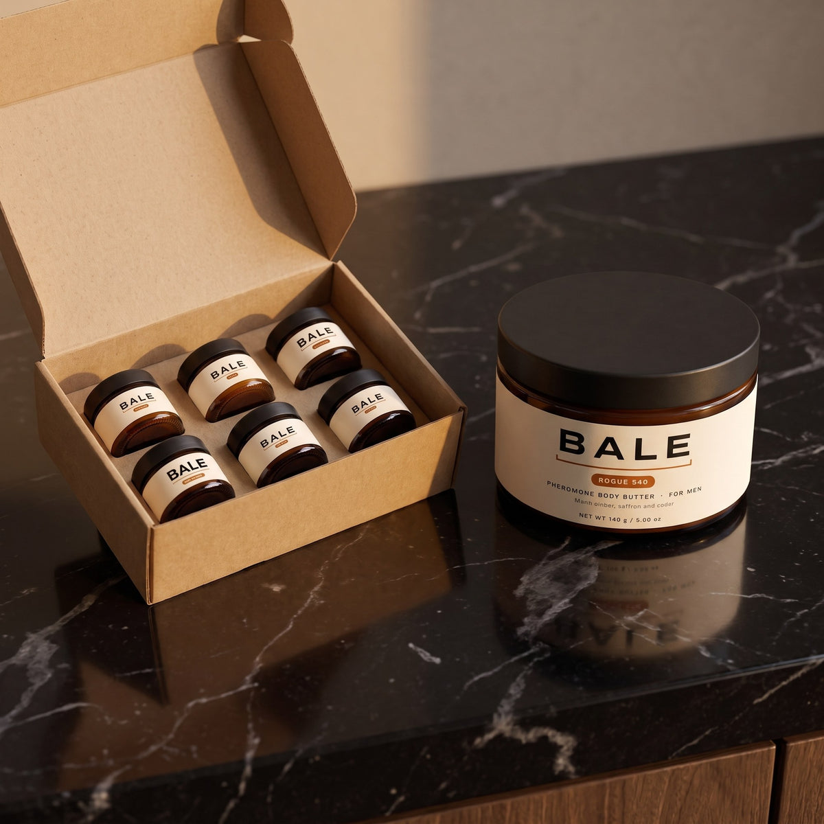 The Discovery Set next to a full 140 g Bale jar for size