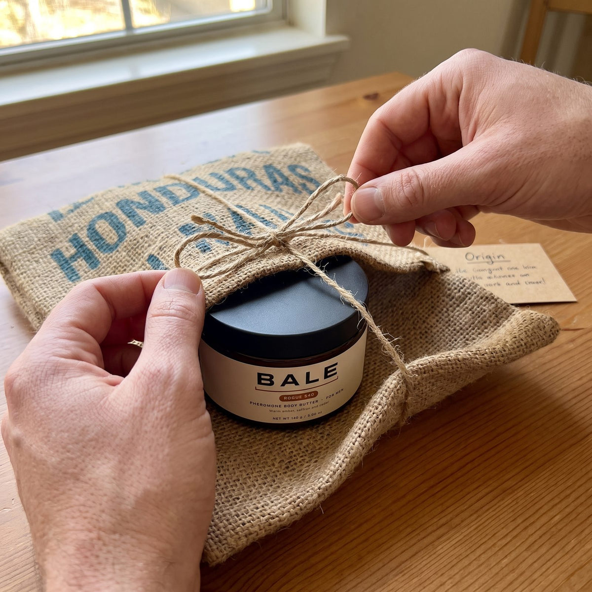 Hands untying the twine on an order wrapped in a real coffee sack, Rogue 540 jar inside
