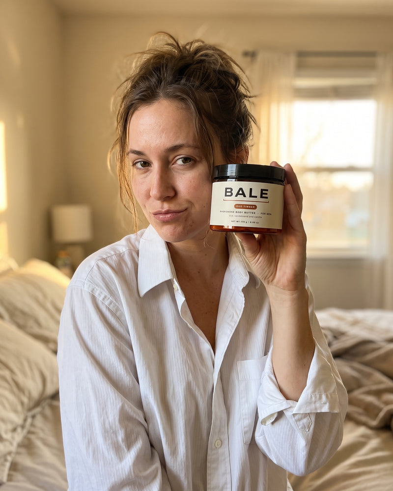 Oud Timber: Eine Frau in seinem Hemd hält ein Glas Bale hoch
