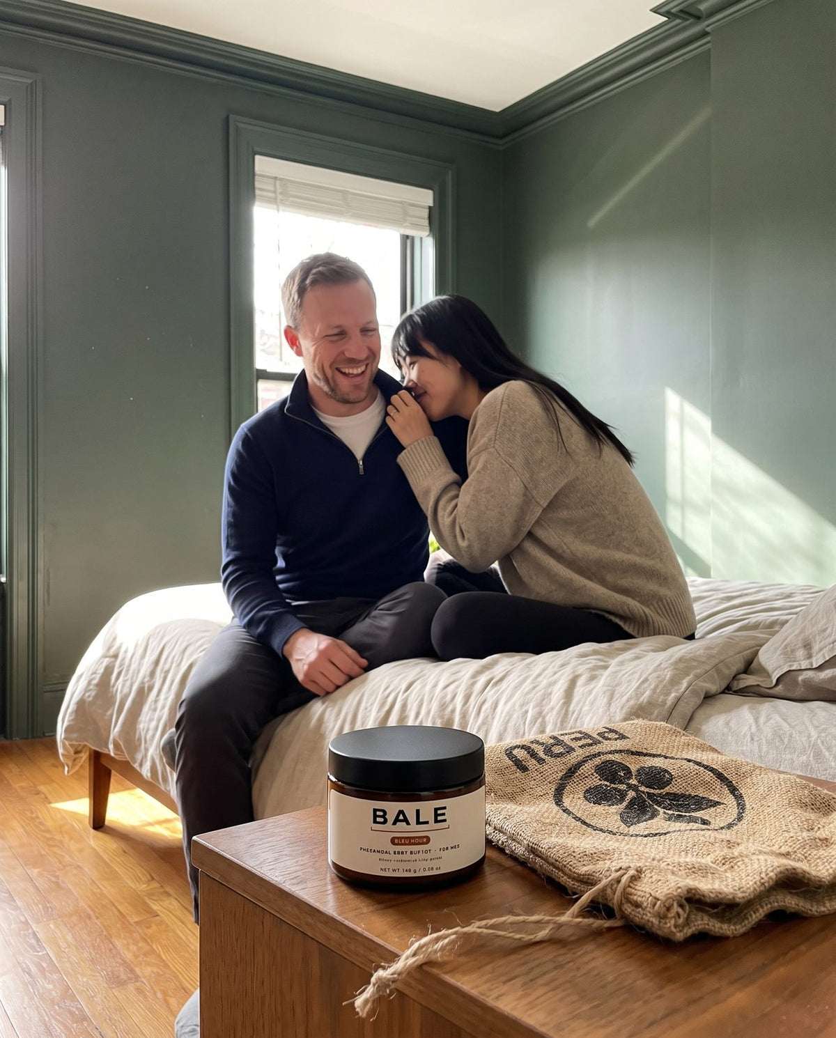 She smells the collar of his tee in the morning, Bleu Hour jar on the nightstand