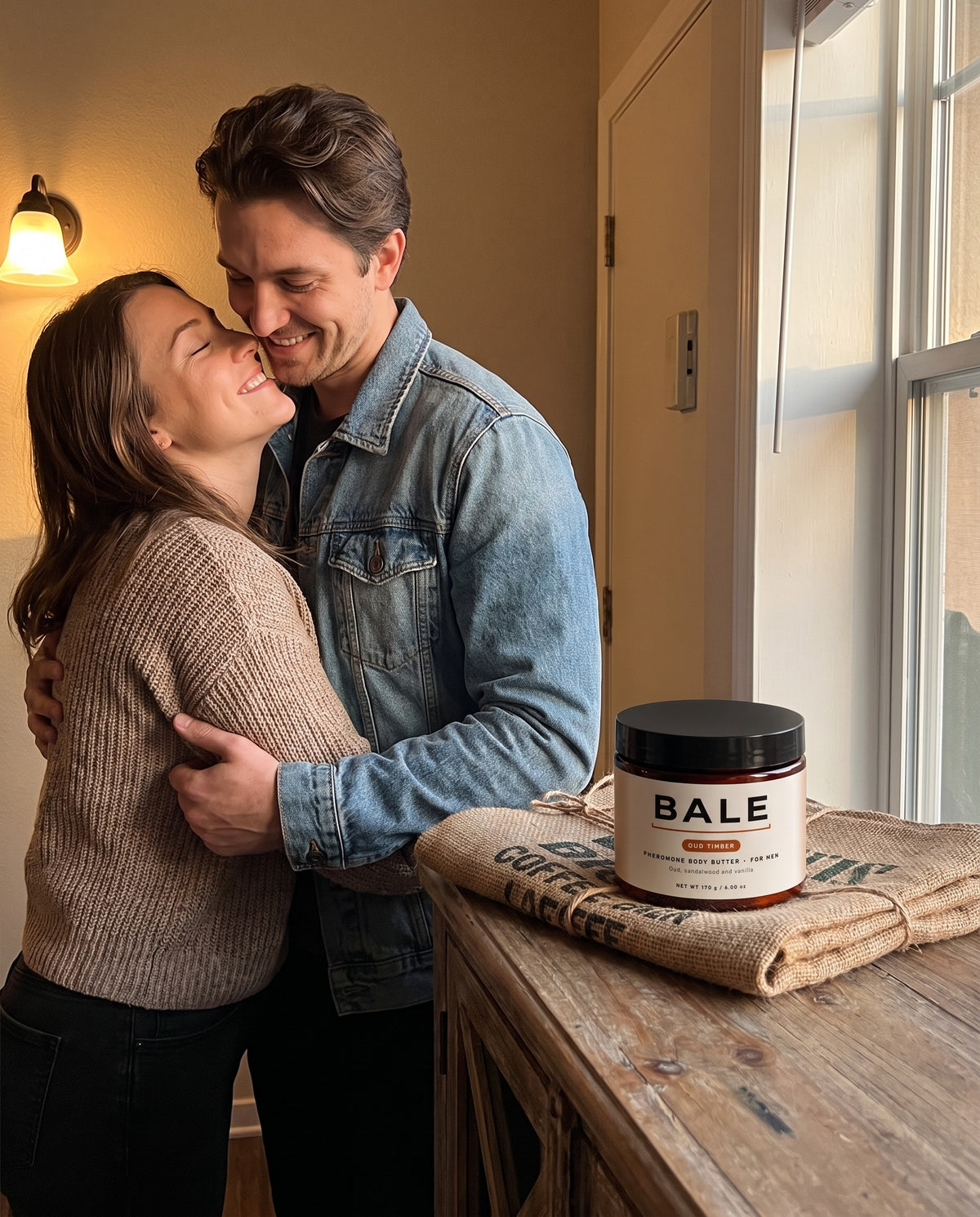 Couple hugging at the front door, Oud Timber jar on a coffee sack wrap beside them