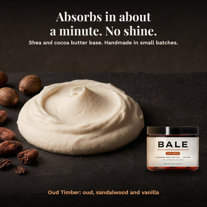 Oud Timber shea and cocoa butter base: absorbs in about a minute, no shine