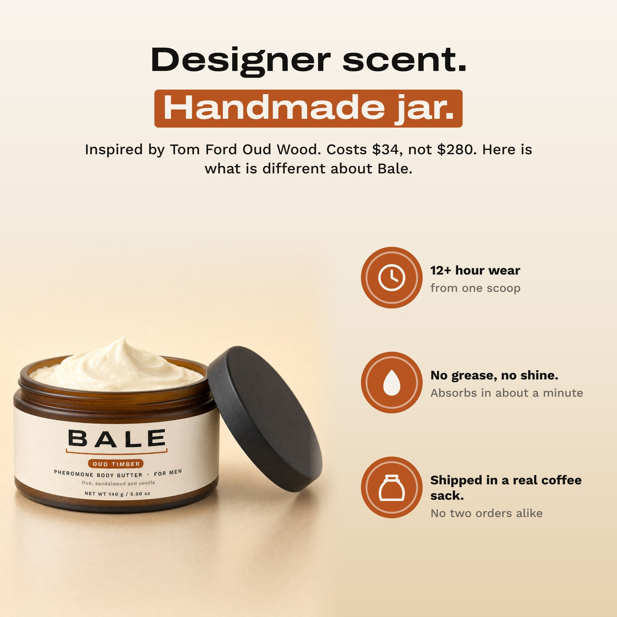 Designer scent, handmade jar: 12+ hour wear, no grease, shipped in a real coffee sack