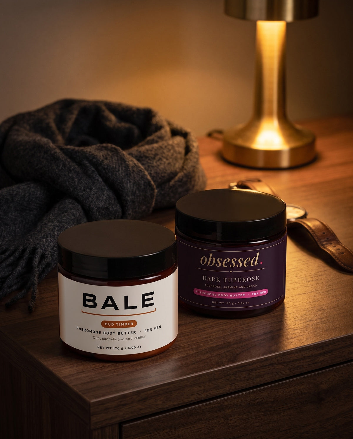 Bale Oud Timber beside obsessed Dark Tuberose on a bedside table