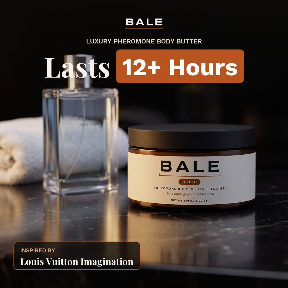 Reverie luxury pheromone body butter, inspired by Louis Vuitton Imagination, lasts 12+ hours