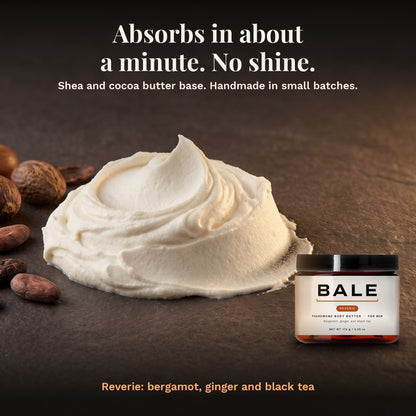Reverie shea and cocoa butter base: absorbs in about a minute, no shine