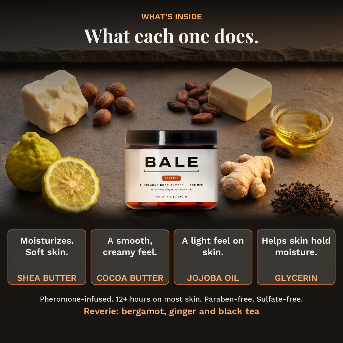 What's inside Reverie: shea, cocoa butter, jojoba oil and glycerin, and what each one does