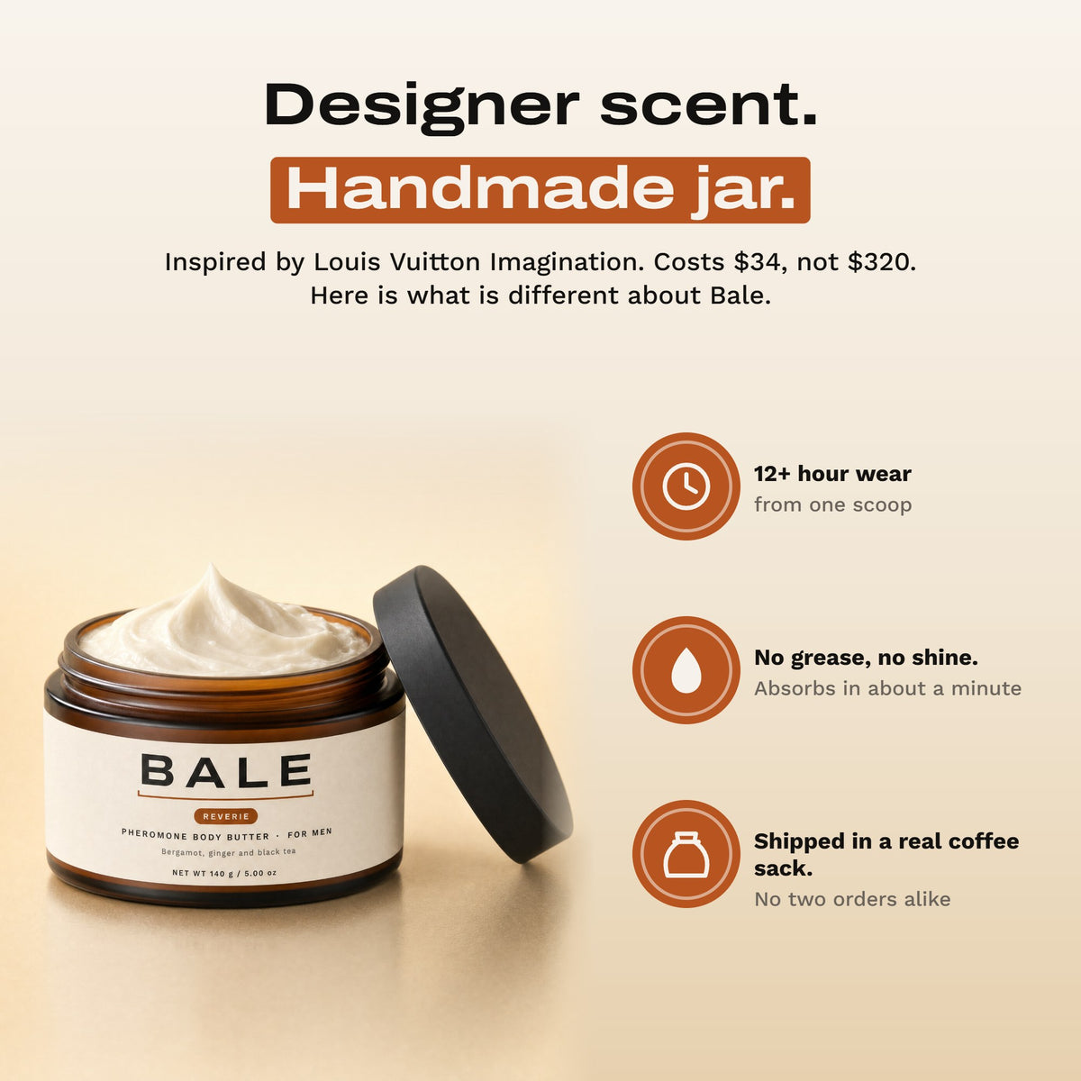Designer scent, handmade jar: 12+ hour wear, no grease, shipped in a real coffee sack