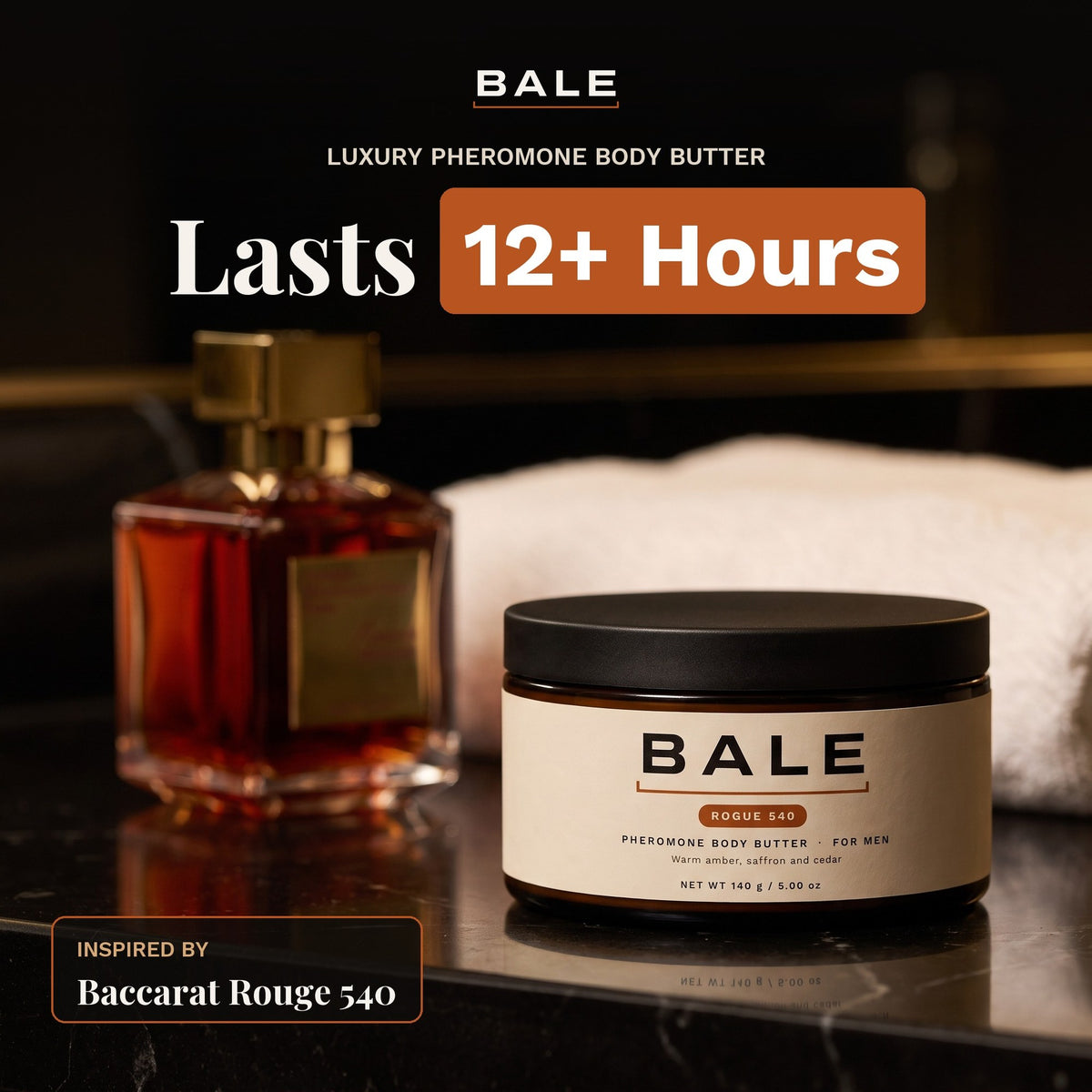 Rogue 540 luxury pheromone body butter, inspired by Baccarat Rouge 540, lasts 12+ hours