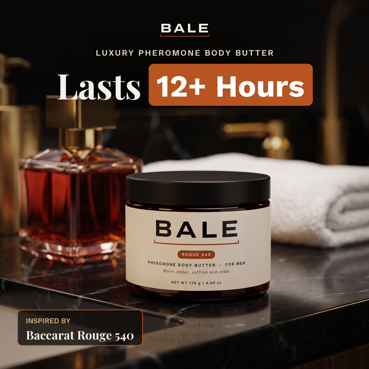 Rogue 540 luxury pheromone body butter, inspired by Baccarat Rouge 540, lasts 12+ hours