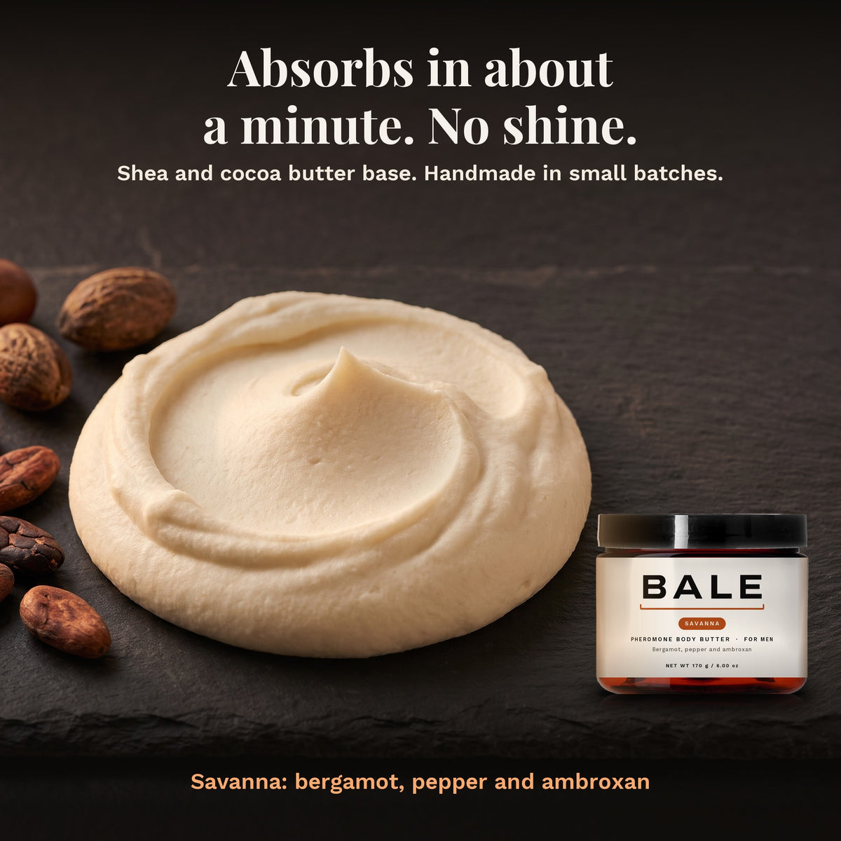 Savanna shea and cocoa butter base: absorbs in about a minute, no shine