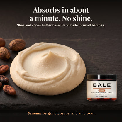 Savanna shea and cocoa butter base: absorbs in about a minute, no shine