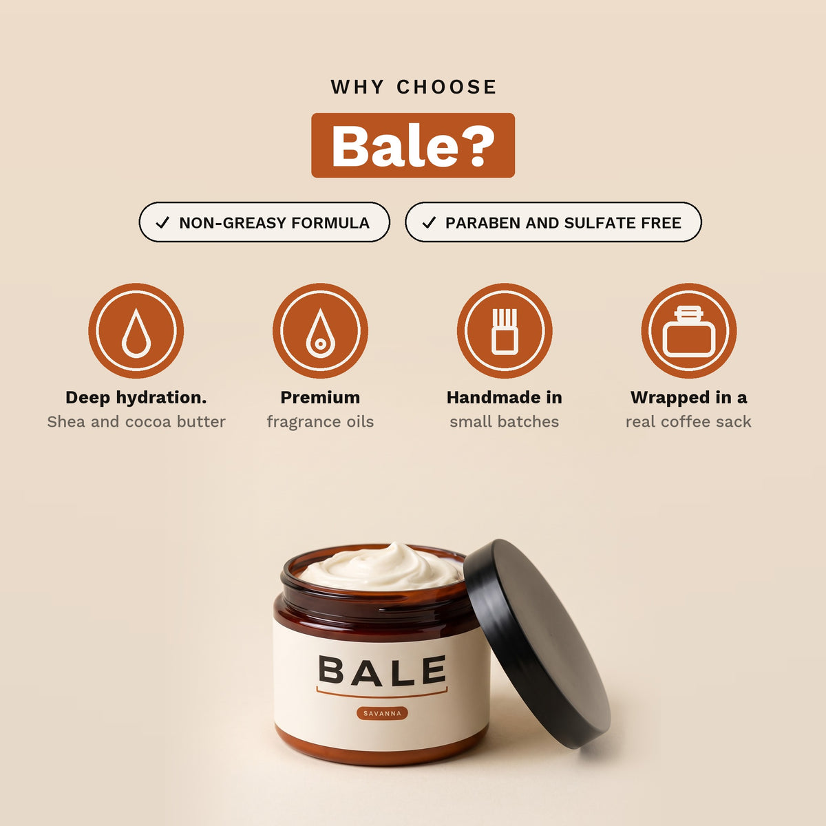 Why choose Bale: paraben and sulfate free, handmade in small batches