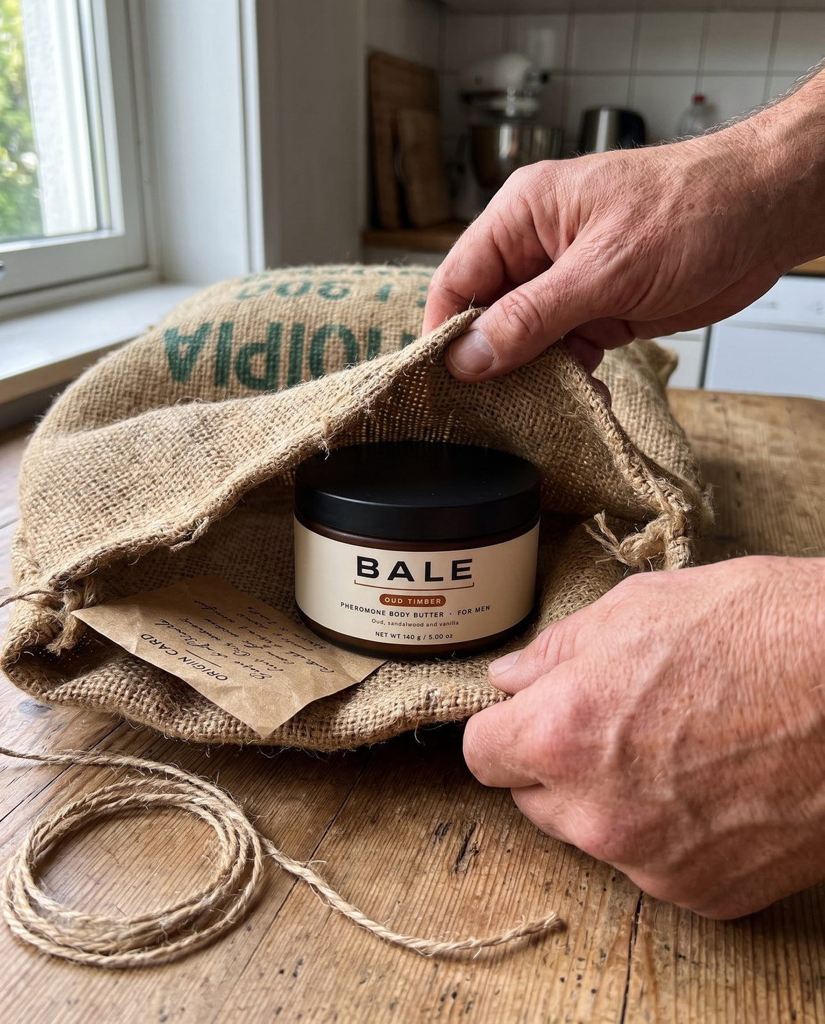 Hands folding back a coffee sack wrap to reveal an Oud Timber jar and origin card